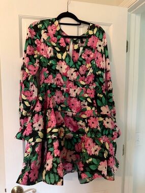 NWT Pink and Green Floral Tiered Long-Sleeve Dress